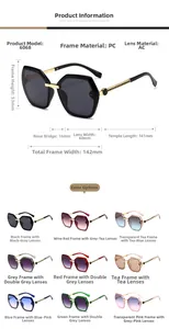 Size chart showing PC frame and AC lens dimensions for oversized square sunglasses