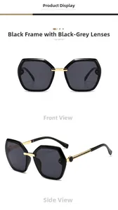 Macro view of geometric square sunglasses with black frame and golden metal temple details