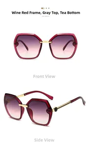 Detail view of burgundy geometric square sunglasses with gold metal accents and gradient lenses