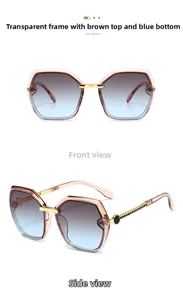 Detail view of square sunglasses featuring transparent tea frames and blue gradient lenses