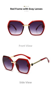 Front and side views of square oversized sunglasses with red frames and gradient purple lenses