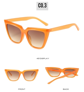 Three views of orange cat-eye sunglasses with gradient brown lenses and acetate frame