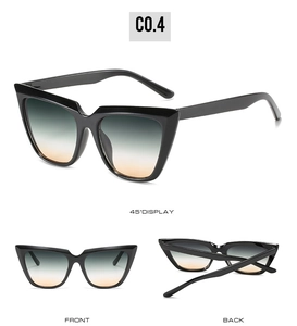 Multi-angle view of oversized cat-eye sunglasses with green to orange gradient lenses