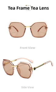 Detailed front and side views of square tea colored sunglasses with gold metal temples