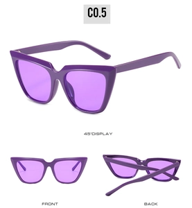 Three perspectives of purple cat eye sunglasses featuring polished frames and gradient lenses