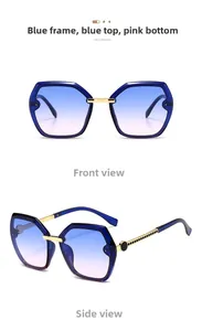 Detail of square sunglasses featuring blue translucent frames and gradient lenses