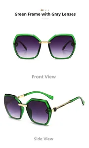 Detail of square sunglasses with transparent green frames and gradient purple lenses
