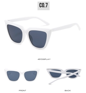 Multiple views of white cat eye sunglasses featuring front and back detail shots