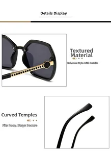 Detail of square sunglasses featuring golden hollow metal temples and ergonomic ear tips