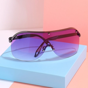 Fashion oversized wrap-around sunglasses with purple gradient lenses on geometric blocks