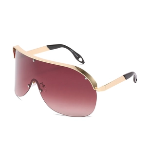 Modern oversized shield sunglasses with wine red gradient lenses and gold metal frames