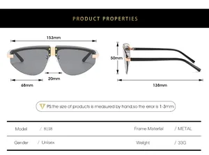 Detailed size chart for rimless aviator sunglasses showing 153mm total width and metal arms