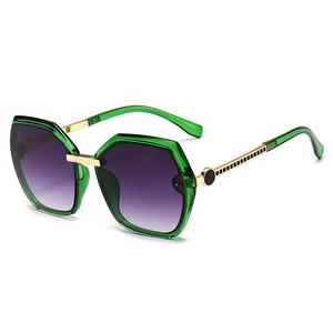 Modern square sunglasses with green transparent frames and purple gradient lenses
