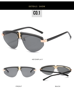 Detailed views of rimless aviator sunglasses with grey lenses and gold metal hardware