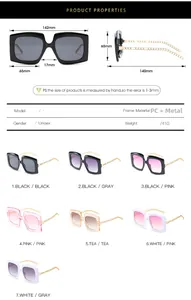 Detailed size chart for square sunglasses featuring chic metal chain temple designs