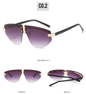 Frameless pilot sunglasses with purple gradient lenses and gold metallic accents in multi-view