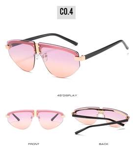 Frameless sunglasses with pink-orange gradient lenses shown in multi-angle detail views