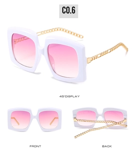 Three-view of white square sunglasses with pink gradient lenses and gold chain temples