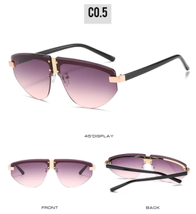 Detailed multi-angle views of rimless aviator sunglasses with purple gradient lenses