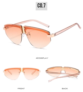 Three-angle view of rimless aviator sunglasses with orange gradient lenses and gold details