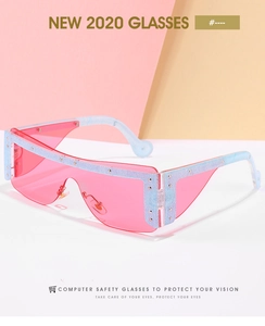 Detail of pink shield sunglasses featuring denim texture frames and silver metal rivets