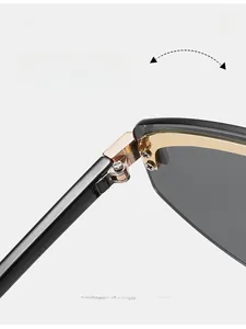 Macro view of durable metal hinge and grey lens on rimless jelly color sunglasses