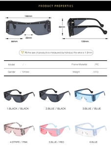 Detailed dimension guide and specifications for studded PC frame wrap sunglasses