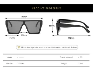 Detailed size chart for oversized square sunglasses showing frame width and lens height