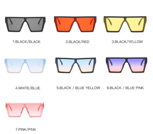 Detailed grid display of seven colorful oversized square sunglasses in various lens tints