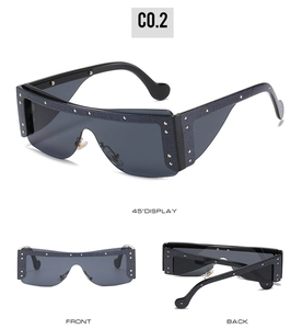 Detailed multi-angle views of shield sunglasses with carbon fiber texture and silver rivets