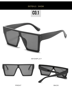 Three-angle view of oversized flat top sunglasses with black glossy frames and dark lenses