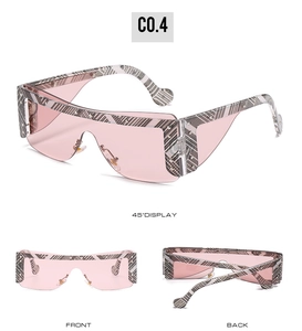 Detailed views of pink rimless shield sunglasses with trendy geometric patterned frames