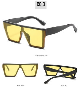 Three perspectives of flat top sunglasses with black frame and yellow tinted lenses