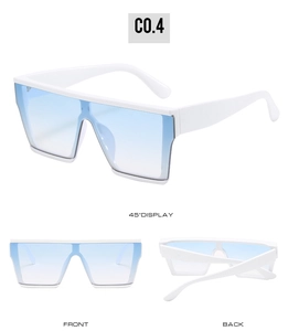Detailed multi-angle views of white frame oversized sunglasses with blue gradient lenses
