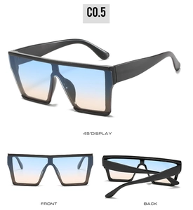Detailed views of wide frame sunglasses showing front, back, and 45-degree angles