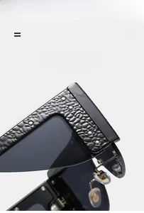 Macro detail of sunglasses frame featuring textured hammer finish and silver rivets