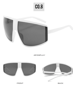 Cycling sunglasses with white frame and dark grey lenses in front, back and side views