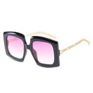 Fashion square cat-eye sunglasses with pink gradient lenses and gold metal chain temples