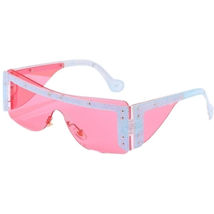 Pink oversized wrap-around sunglasses featuring light blue denim texture and silver rivets