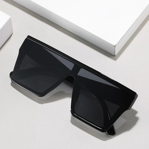 Classic flat top oversized sunglasses with black frame and dark grey lenses for women