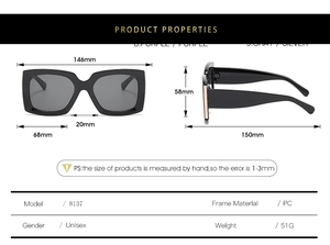 Detailed specs of square frame sunglasses showing 146mm width and 150mm arm length