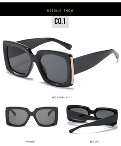 Detailed views of square sunglasses with thick black frames and champagne gold accents