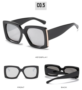 Three-angle view of square sunglasses with gold braided metal detail on wide temples