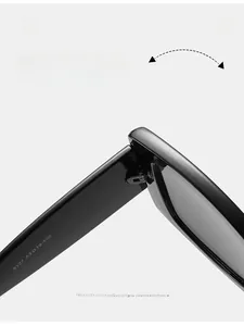 Detailed close-up of durable metal hinge and size specifications on black square sunglasses