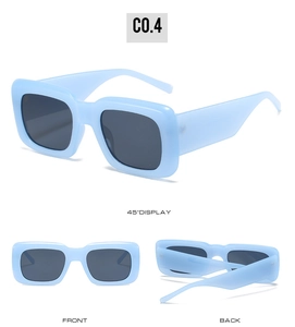 Detailansichten der blauen transparenten quadratischen Sonnenbrille mit breiten Bügeln
