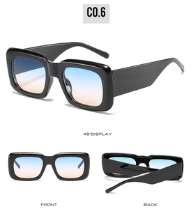 Detailsicht der quadratischen Sonnenbrille mit blau-orangen Verlaufsgläsern
