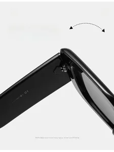 Makroaufnahme des Metallscharniers und der Bügelspezifikationen einer breiten Sonnenbrille