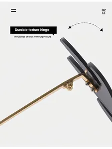 Detail des robusten Goldmetallscharfiers und grauen randlosen Gläsern der Sonnenbrille