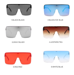 Selection of large shield sunglasses in six colors including black, blue, and silver mirrors