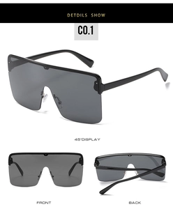 Flat top shield sunglasses featuring a dark grey lens and black frame shown in multiple angles